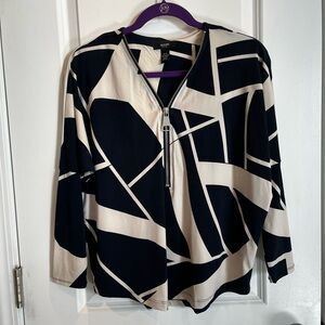 Alfani Women’s Drop Shoulder Half Zip Geometric Blouse Navy White Petite Small